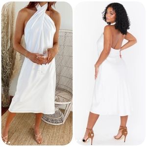 Show Me Your MuMu Jasmine Halter Midi Dress in Ivory Luxe Satin